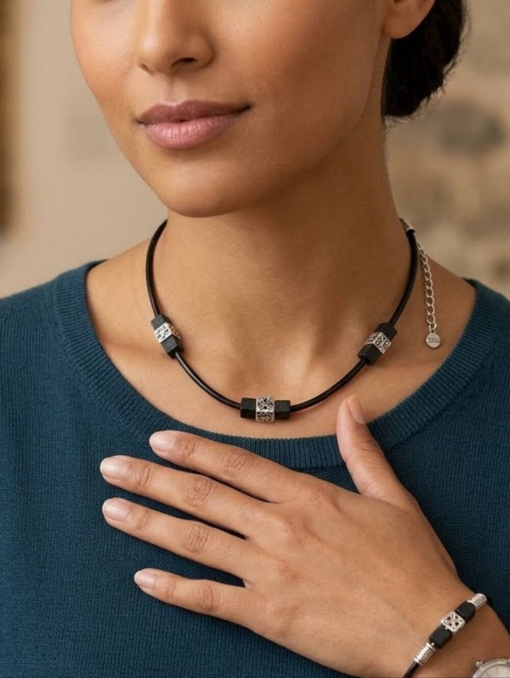 S308 Panama Jack Beaded Black Leather Choker Necklace & Bracelet Set Unisex